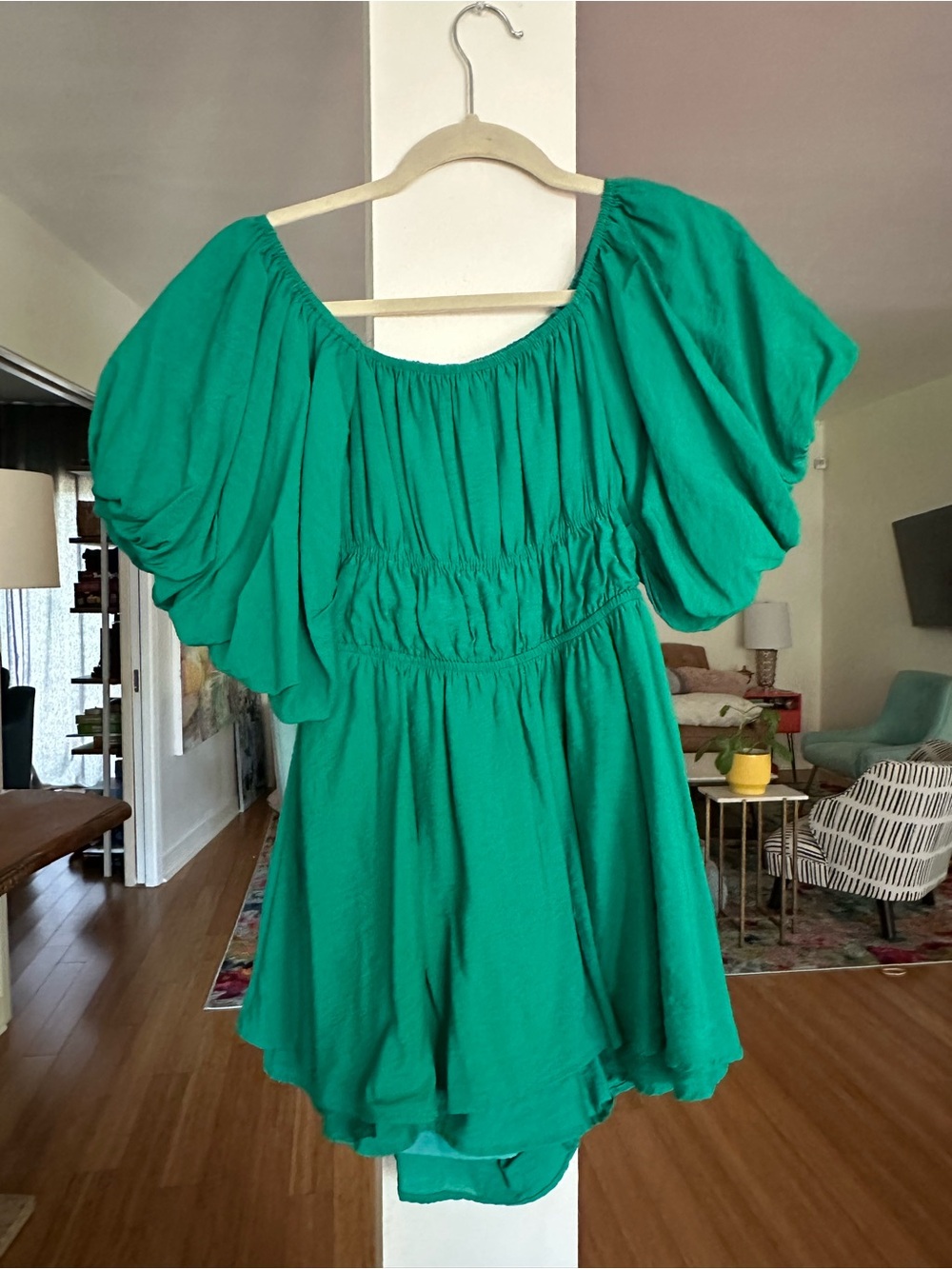 Altar'd State Emerald Green Off-Shoulder Ruffle  Romper